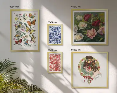 Set of 5 wall art pieces featuring vintage flowers and butterflies