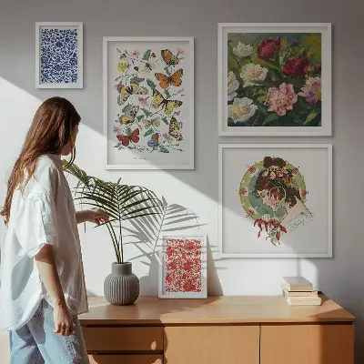 Set of 5 wall art pieces featuring vintage flowers and butterflies