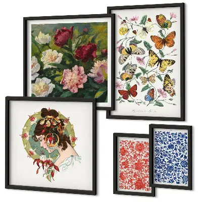 Set of 5 wall art pieces featuring vintage flowers and butterflies