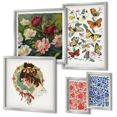 Set of 5 wall art pieces featuring vintage flowers and butterflies