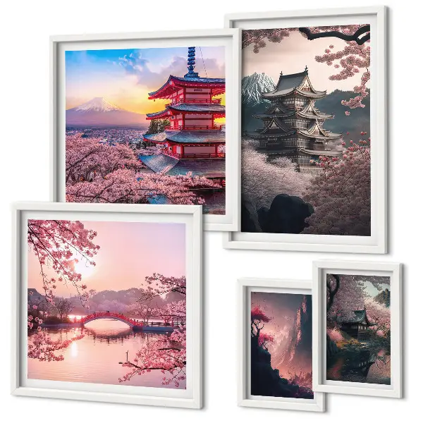 Japanese landscapes with cherry trees wall art set of 5 pieces