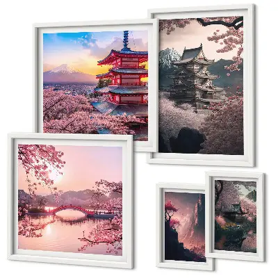 Japanese landscapes with cherry trees wall art set of 5 pieces