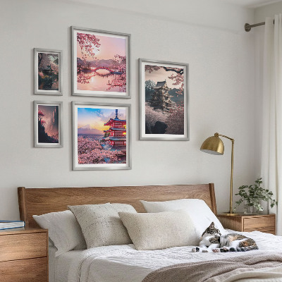 Set of 5 wall art pieces Japanese landscapes with cherry trees