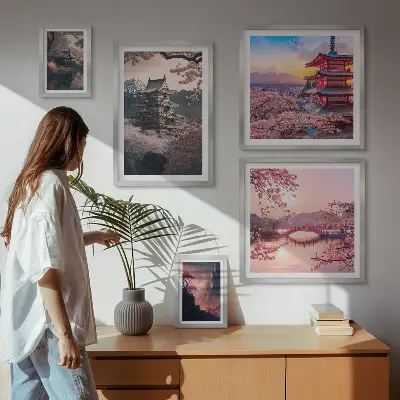 Japanese landscapes with cherry trees wall art set of 5 pieces