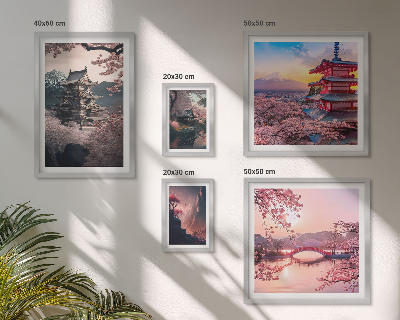 Set of 5 wall art pieces Japanese landscapes with cherry trees