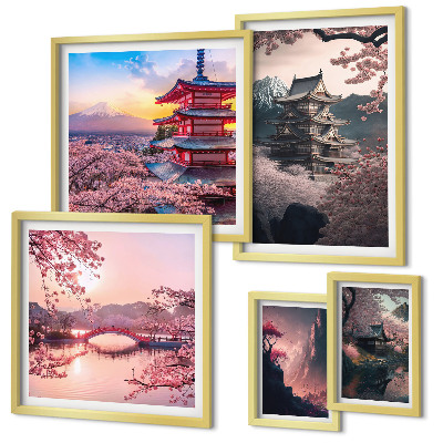 Set of 5 wall art pieces Japanese landscapes with cherry trees