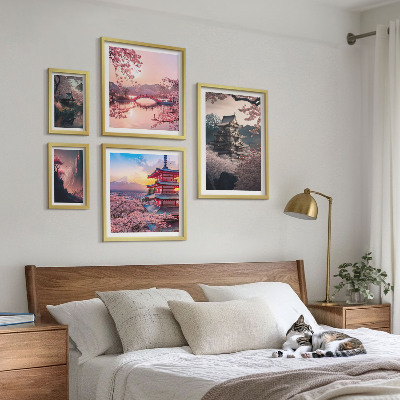 Set of 5 wall art pieces Japanese landscapes with cherry trees
