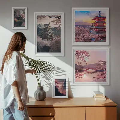 Japanese landscapes with cherry trees wall art set of 5 pieces