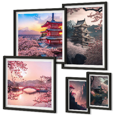 Set of 5 wall art pieces Japanese landscapes with cherry trees