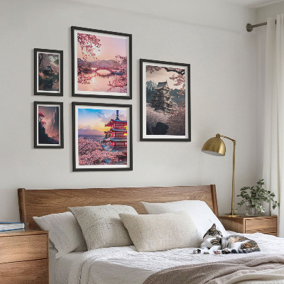 Set of 5 wall art pieces Japanese landscapes with cherry trees