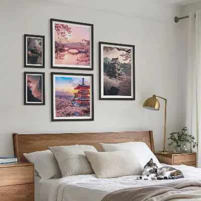 Japanese landscapes with cherry trees wall art set of 5 pieces