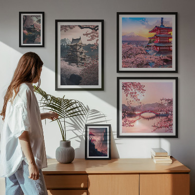 Set of 5 wall art pieces Japanese landscapes with cherry trees