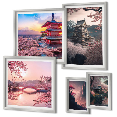 Set of 5 wall art pieces Japanese landscapes with cherry trees