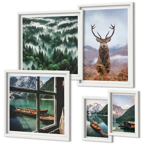 Set of 5 wall art pieces featuring nature, wild animals, and mountains