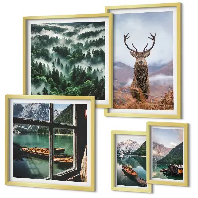 Set of 5 wall art pieces featuring nature, wild animals, and mountains
