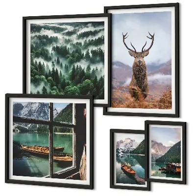 Set of 5 wall art pieces featuring nature, wild animals, and mountains