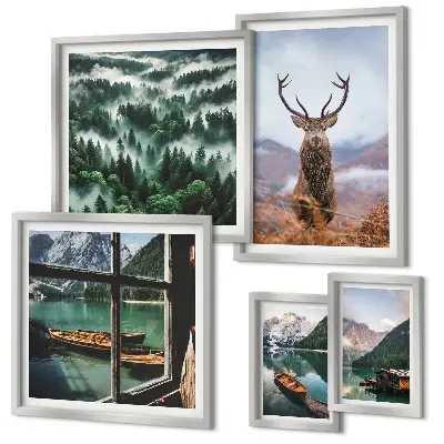 Set of 5 wall art pieces featuring nature, wild animals, and mountains