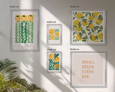 Set of 5 wall art pieces featuring flowers, citrus, and positive slogans