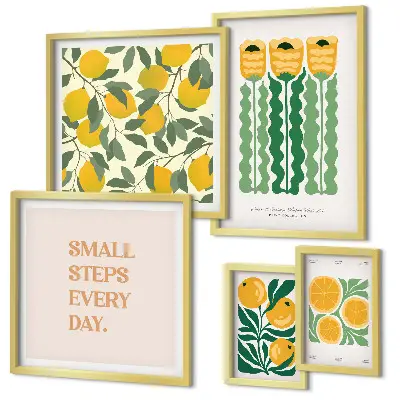 Set of 5 wall art pieces featuring flowers, citrus, and positive slogans