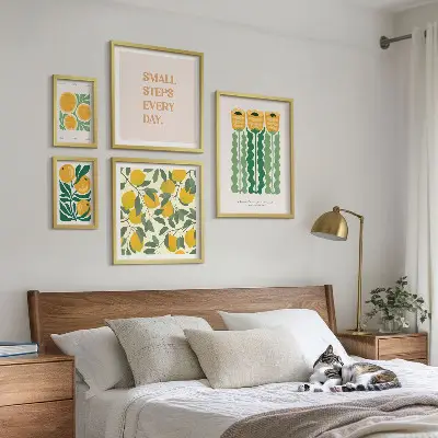Set of 5 wall art pieces featuring flowers, citrus, and positive slogans