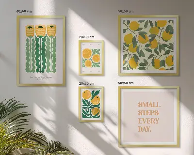 Set of 5 wall art pieces featuring flowers, citrus, and positive slogans