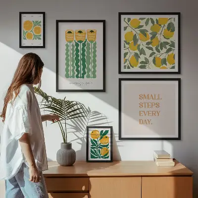 Set of 5 wall art pieces featuring flowers, citrus, and positive slogans
