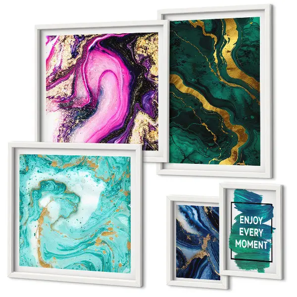 5-piece abstract wall art set with green and purple patterns