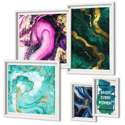 5-piece abstract wall art set with green and purple patterns