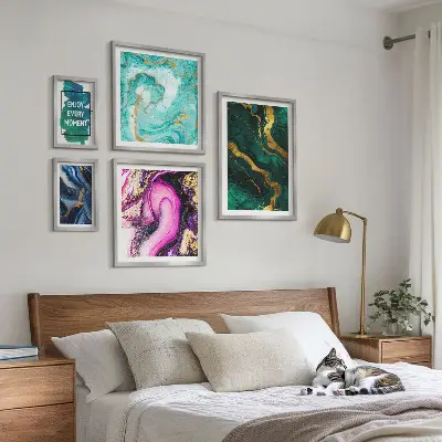 5-piece abstract wall art set with green and purple patterns