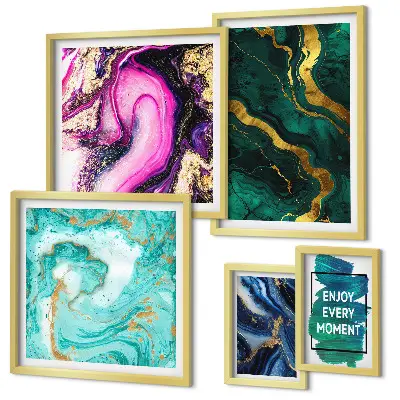 5-piece abstract wall art set with green and purple patterns