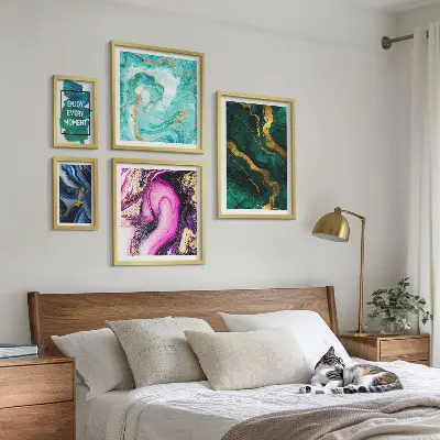 5-piece abstract wall art set with green and purple patterns