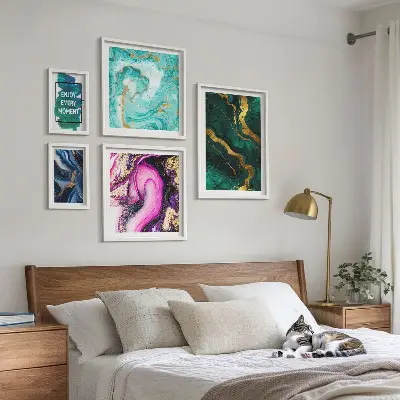 5-piece abstract wall art set with green and purple patterns