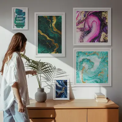 5-piece abstract wall art set with green and purple patterns