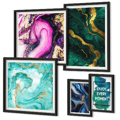 5-piece abstract wall art set with green and purple patterns