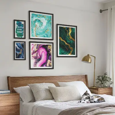 5-piece abstract wall art set with green and purple patterns