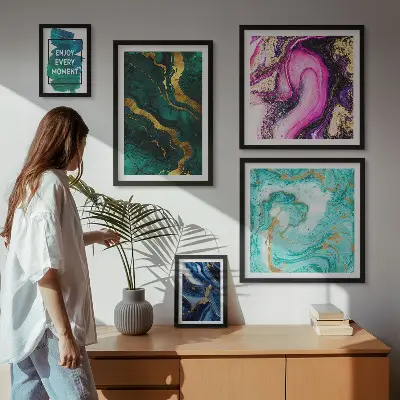 5-piece abstract wall art set with green and purple patterns
