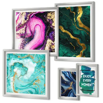 5-piece abstract wall art set with green and purple patterns