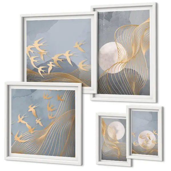 Abstract waves and birds wall art set of 5 pieces