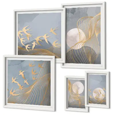 Abstract waves and birds wall art set of 5 pieces