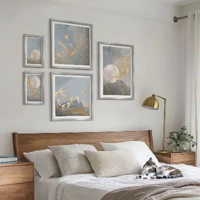 Abstract waves and birds wall art set of 5 pieces