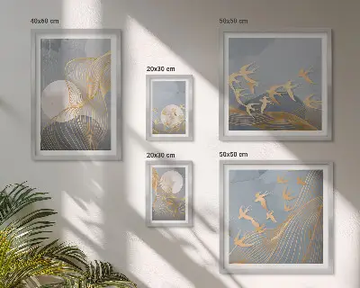 Abstract waves and birds wall art set of 5 pieces