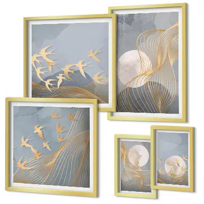 Abstract waves and birds wall art set of 5 pieces