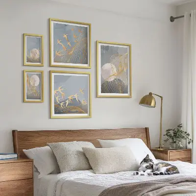 Abstract waves and birds wall art set of 5 pieces