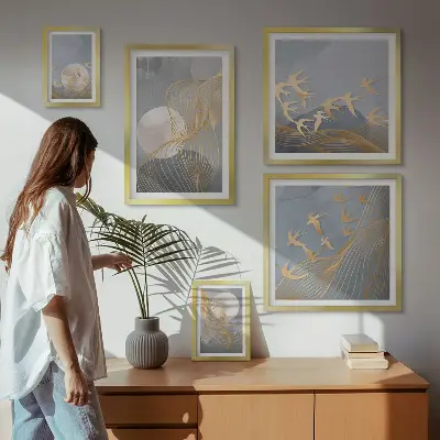 Abstract waves and birds wall art set of 5 pieces