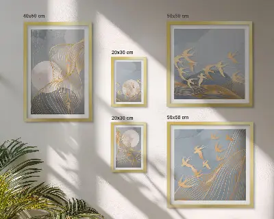 Abstract waves and birds wall art set of 5 pieces
