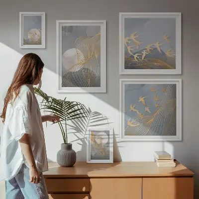Abstract waves and birds wall art set of 5 pieces