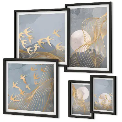 Abstract waves and birds wall art set of 5 pieces