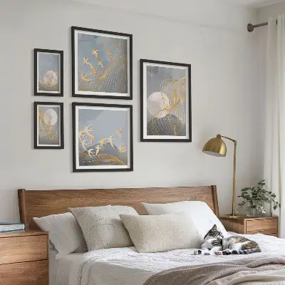 Abstract waves and birds wall art set of 5 pieces