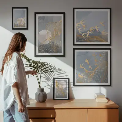 Abstract waves and birds wall art set of 5 pieces