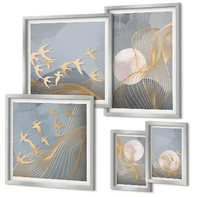 Abstract waves and birds wall art set of 5 pieces